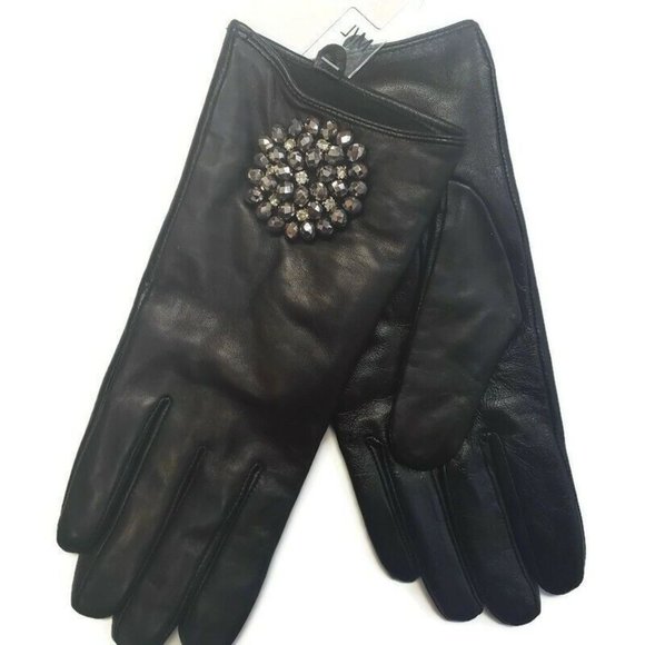 Leather Tech Touch Screen Gloves with Broach Womens XS/S Black Winter - Picture 1 of 8